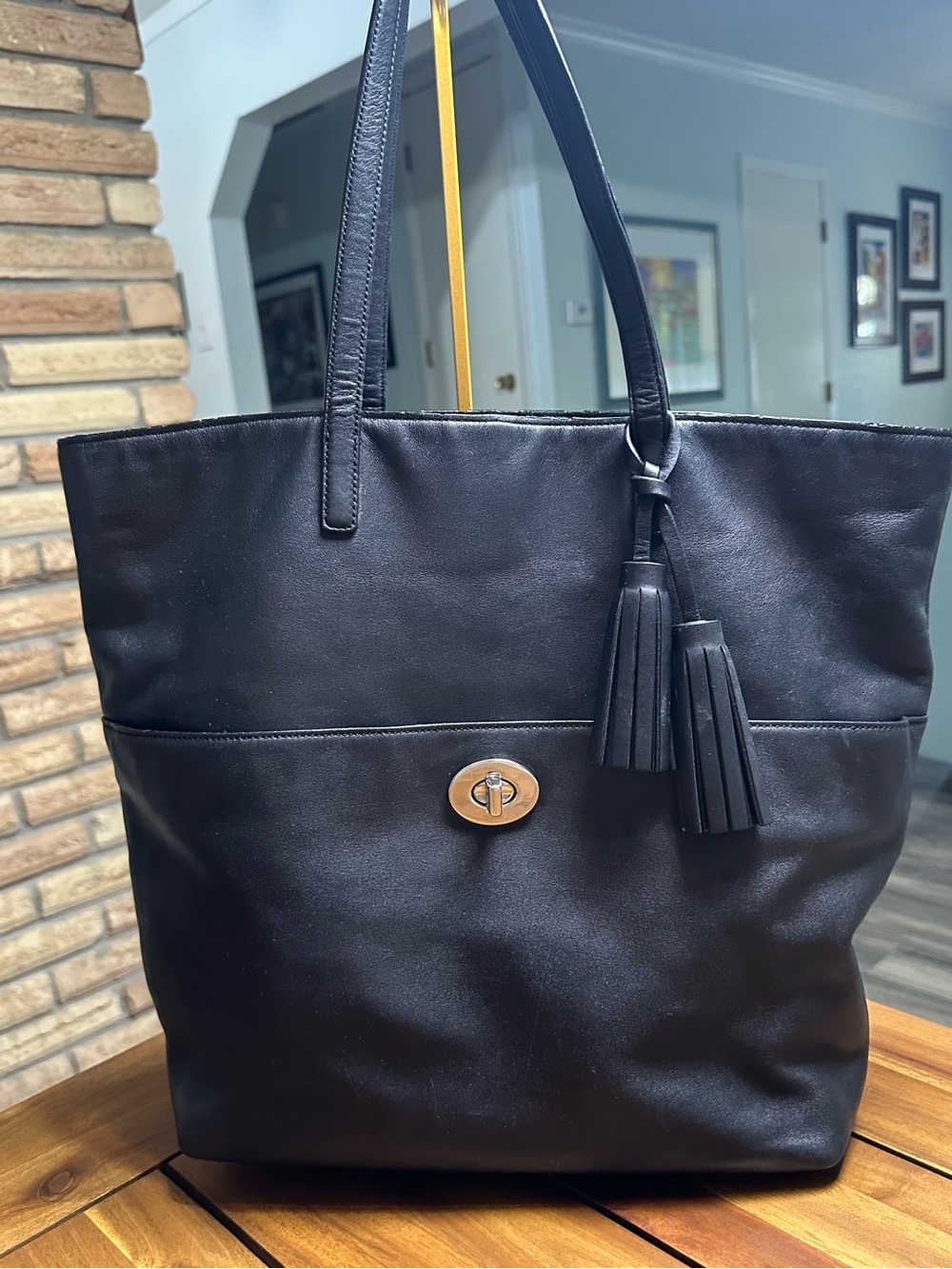 Coach Black Smooth Leather Legacy Turnlock Tote with Tassels